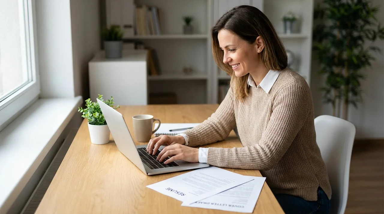 Job applicant writing a tailored cover letter on a laptop at a bright desk